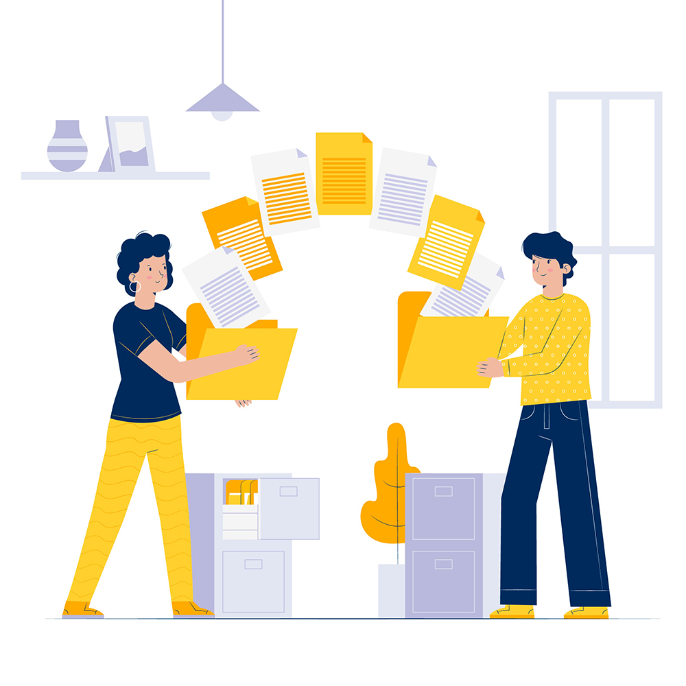 Image de deux personnes qui travaillent- Accueil<br />
- Société de Logements de Mouscron qui s'échangent des documents.